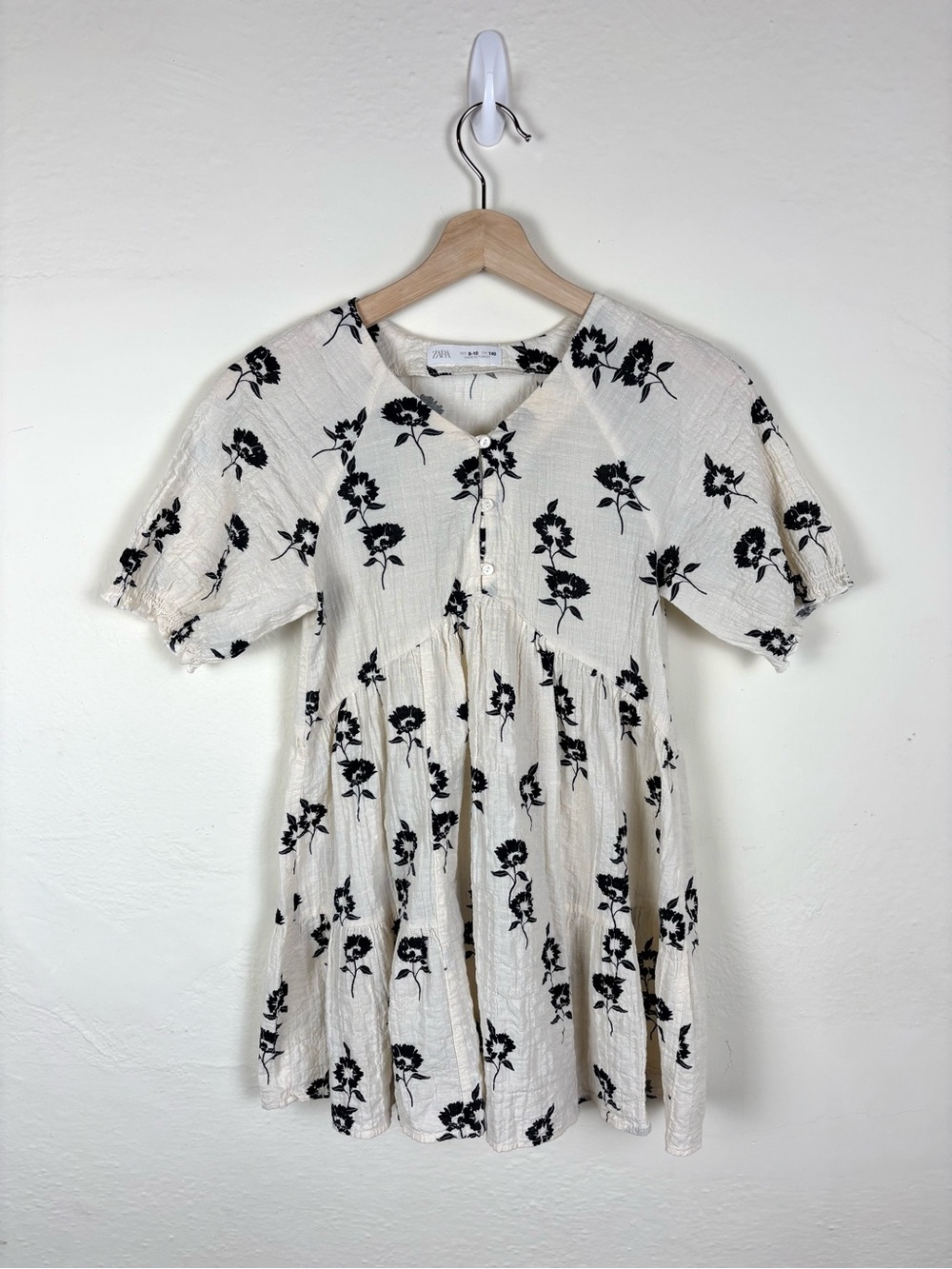 Zara Kids Size 9 10 Floral Babydoll Dress Cream Black Boho Cottagecore Textured